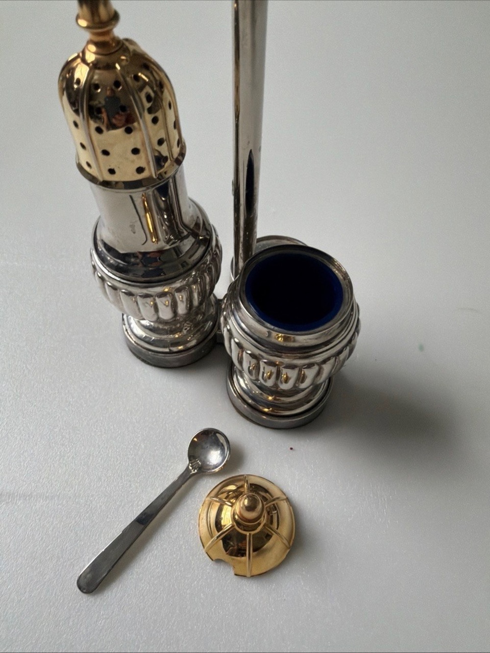 Silver and Gold Salt & Pepper Set with Blue Liner